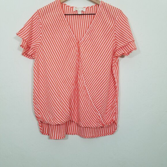 MICHAEL Michael Kors Striped V-Neck Top Blouse Size L - Picture 1 of 5